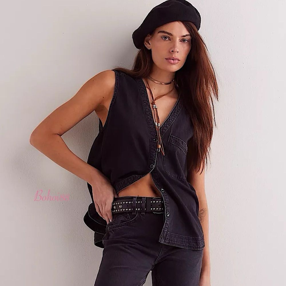 Free People Black Denim South Side Vest size XS